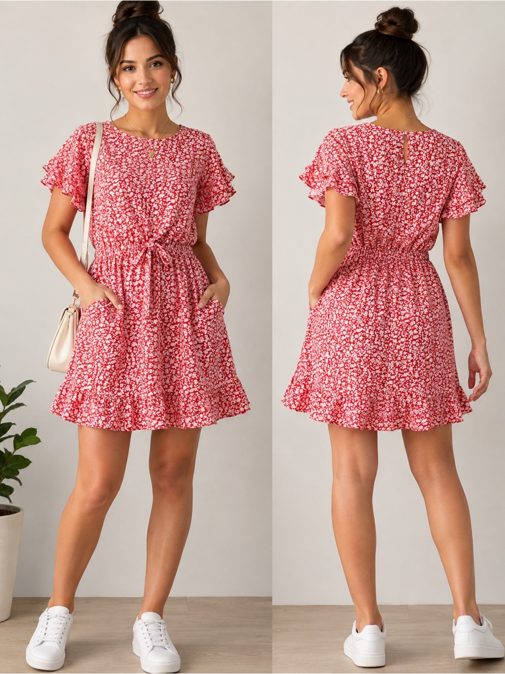 Red Floral Tie-Waist Mini Dress with Ruffle Hem